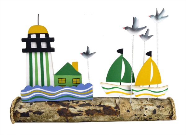 18.5"L Wood Lighthouse Scene with Tin Birds and Sailboats on Wooden Log Base