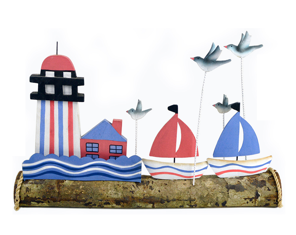 RC258-wood-lighthouse-pink-nautical-tropical-1 Lighthouse with Tin Sailboats and Seagulls on Wooden Log Base - Image 1