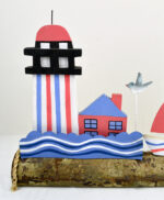 Lighthouse with Tin Sailboats and Seagulls on Wooden Log Base - Image 2