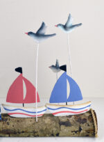 Lighthouse with Tin Sailboats and Seagulls on Wooden Log Base - Image 3