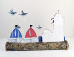 Lighthouse with Tin Sailboats and Seagulls on Wooden Log Base - Image 5