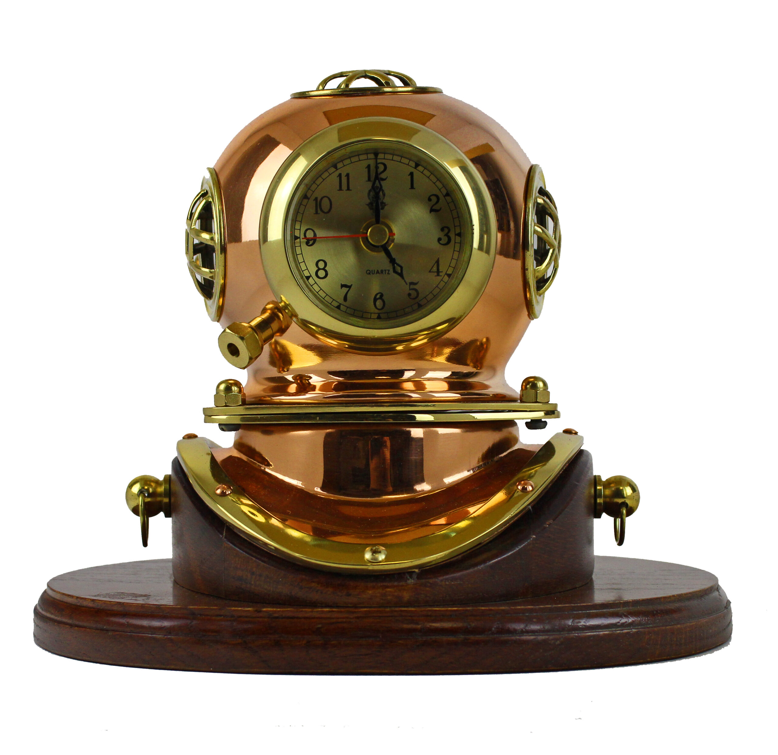 SE146_IMG_0415-7.5H Brass and Wood Diving Helmet Clock with Base and Lacquer Coating 7.5"H Brass and Wood Diving Helmet Clock with Base and Lacquer Coating - Image 1
