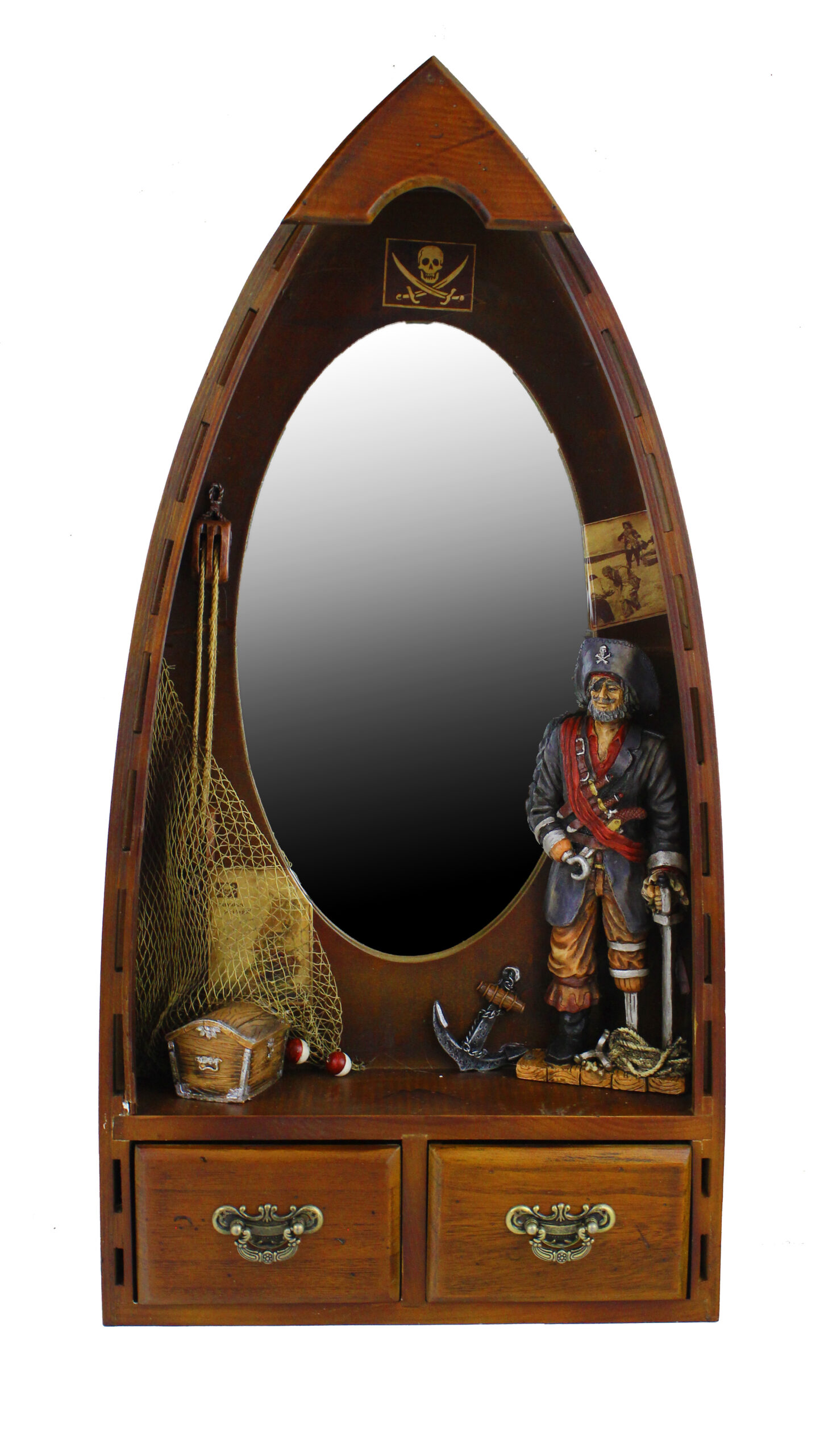 SE258 26 inch Wooden Nautical Boat Wall Mirror with Pirate Captain 26"H Wooden Nautical Boat Wall Mirror with Pirate Captain