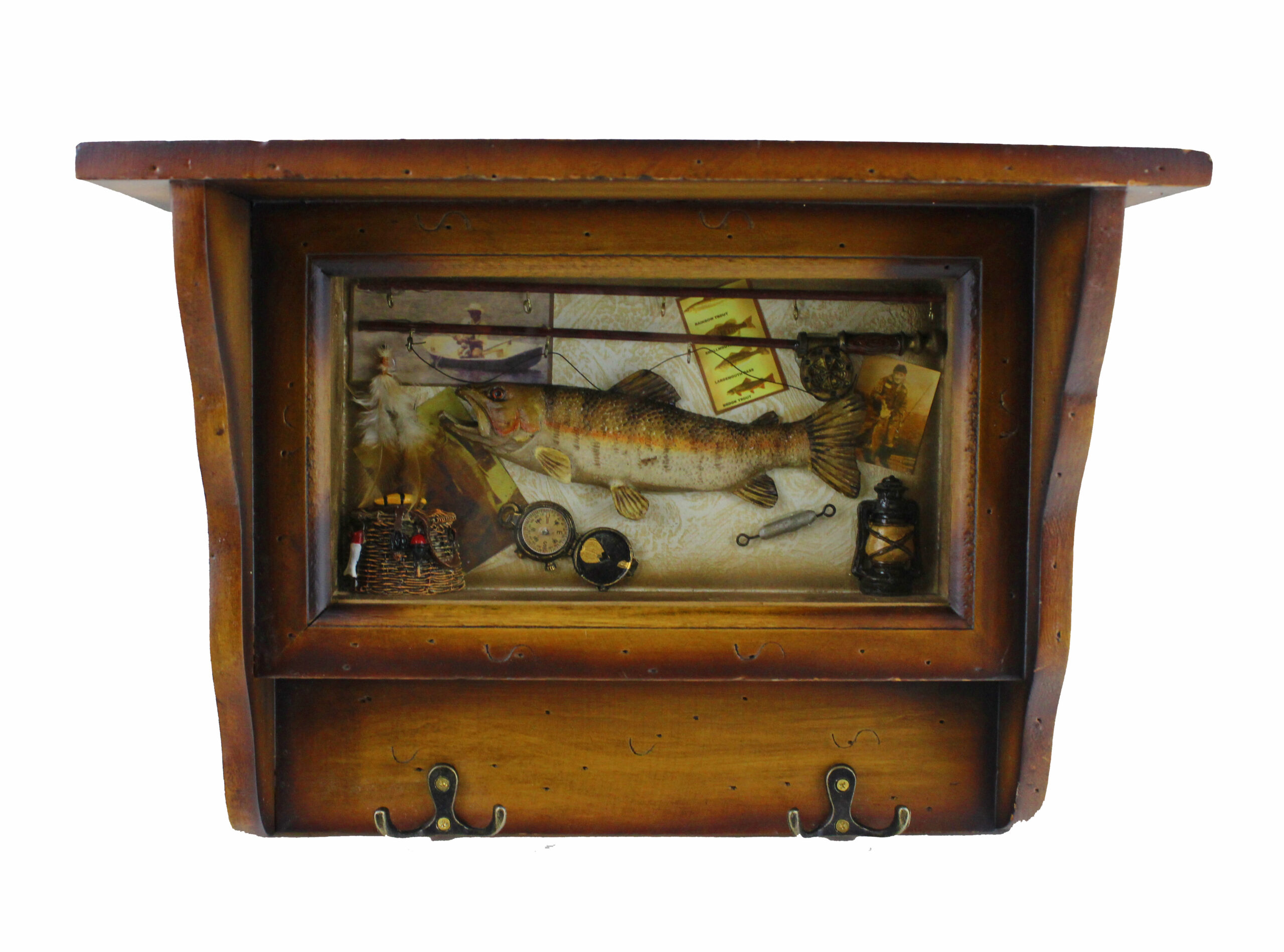 SE297_IMG_0357 15"L Wooden Fishing Shadowbox Bookshelf with Hangers - Image 1