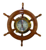 18"Dia Solid Brass and Wood Porthole Shipwheel Wall Clock - Quartz Clock