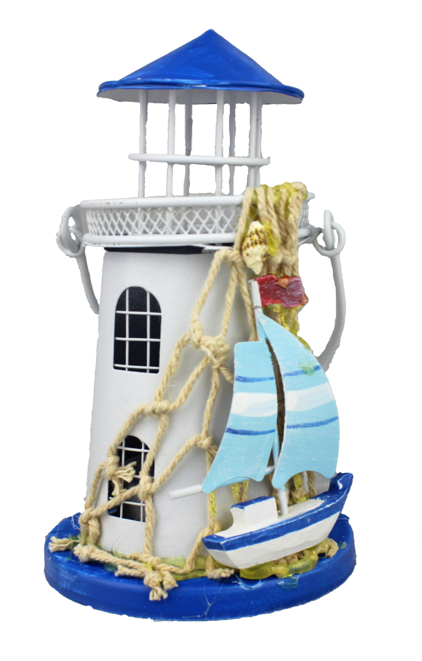 SE619 Tin Lighthouse Candle Holder with Sailboat 5.5 inch Tin Lighthouse Candle Holder with Sailboat 5.5”H