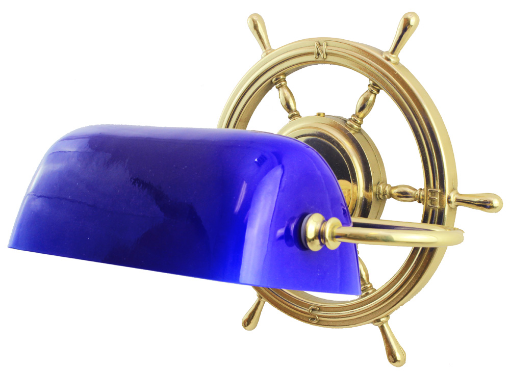 ST081-brass-ship-wheel-wall-light-blue-shade 15.25" Brass Ship Wheel Wall Light with Blue Shade - Image 1