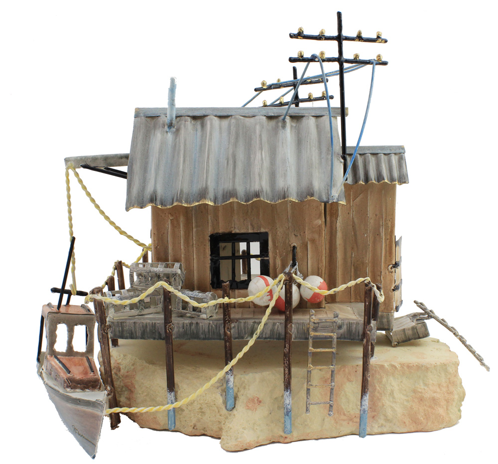 TI042-smokeys-fish-house-metal-standing-art-on-keystone-base 12"H Smokey's Fish House on Keystone Base - Image 1