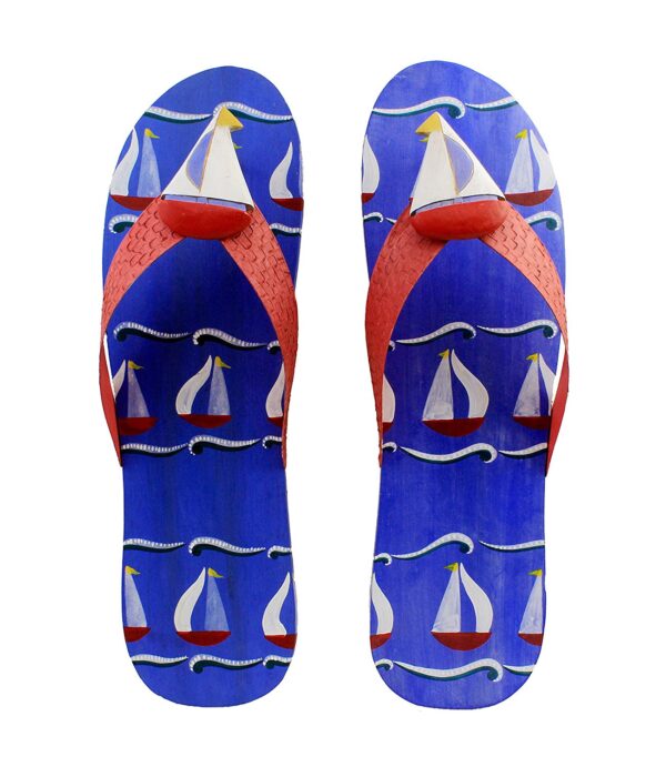27.5"H Wooden Pair of Flip Flops with Sailboat Print Wall Decor