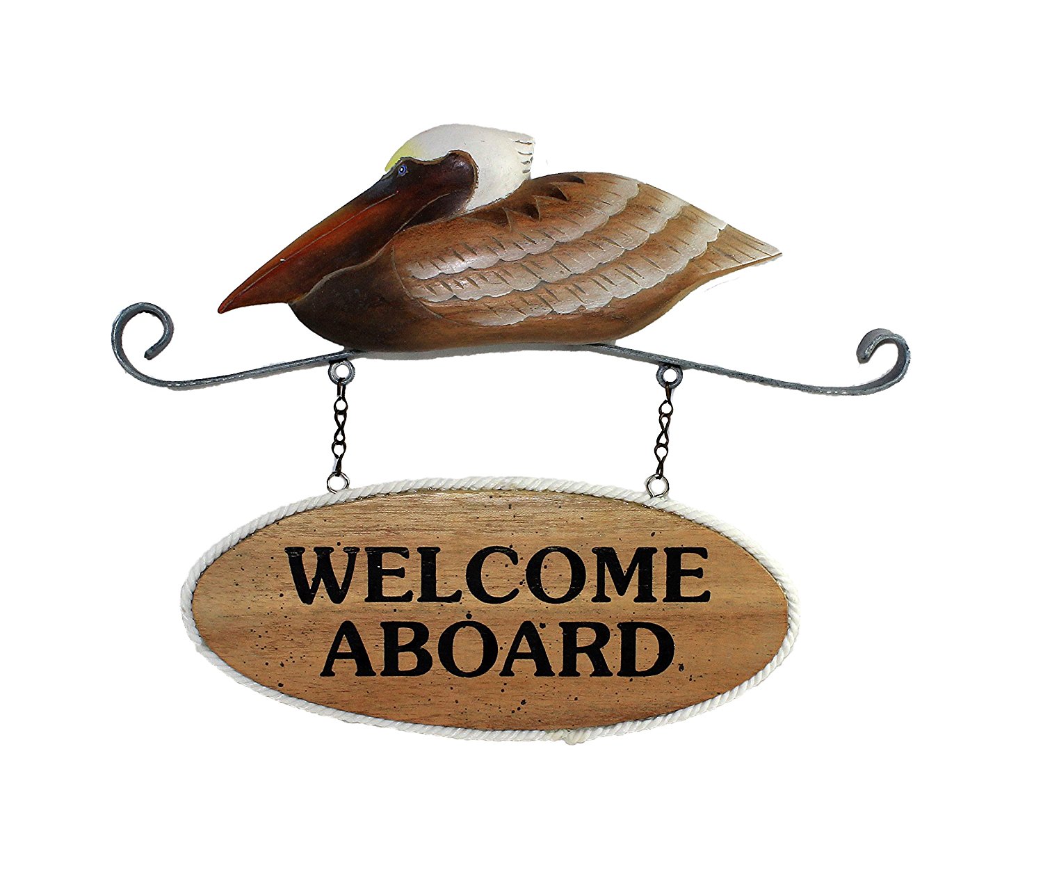 TI253-welcome-board-pelican-wall-sign 12"H Metal & Wood Pelican Welcome Aboard Wall Sign