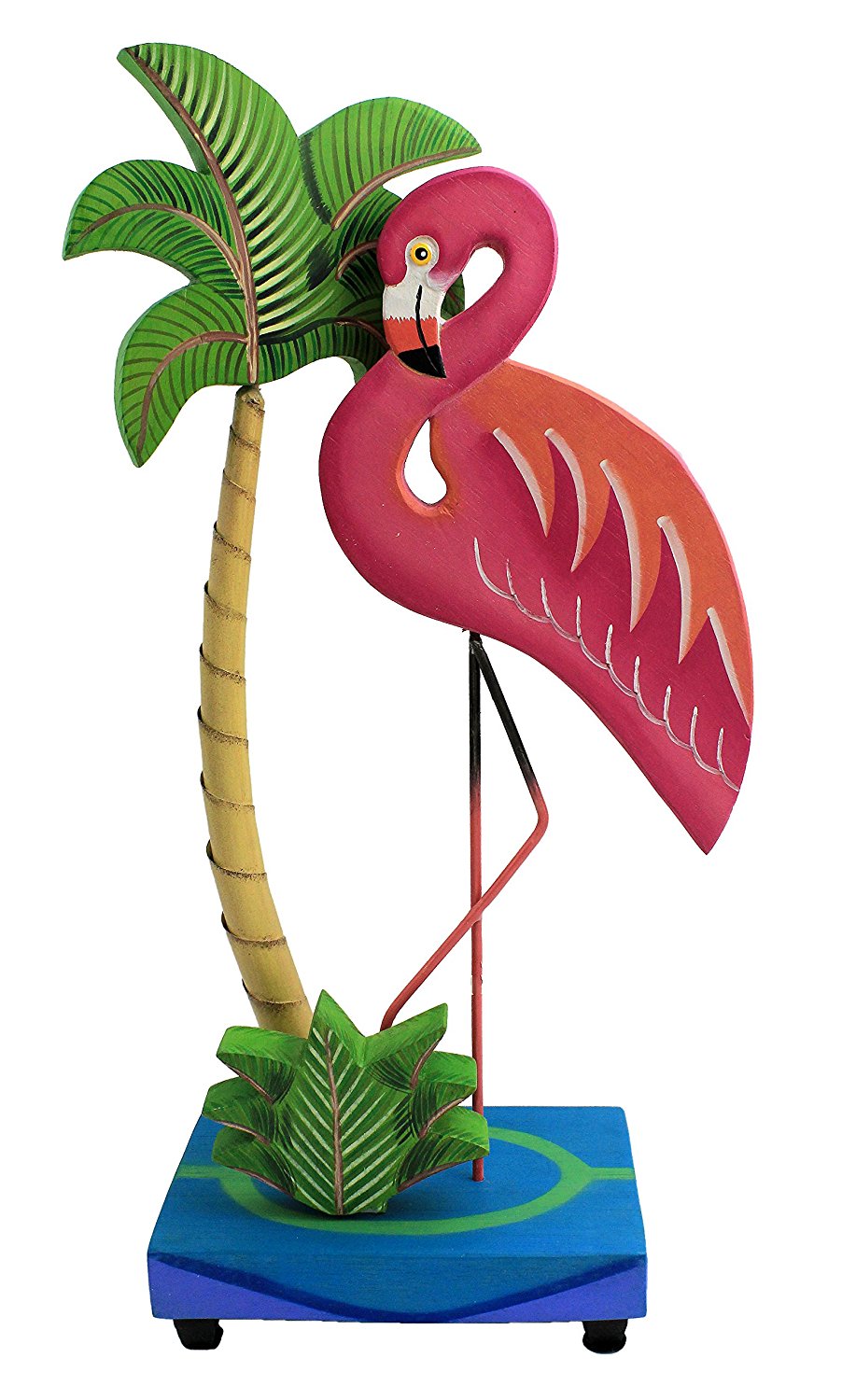 TI255-single-pink-flamingo-standing-sculpture 21"H Metal Pink Flamingo with Palm Tree on Stand