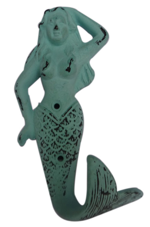 VE097DG Mermaid Shaped Wall Iron Hook Distressed Green - Image 1