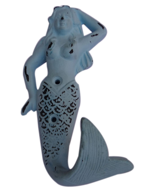 VE098DB Mermaid Shaped Iron Wall Hook Distressed Blue - Image 1
