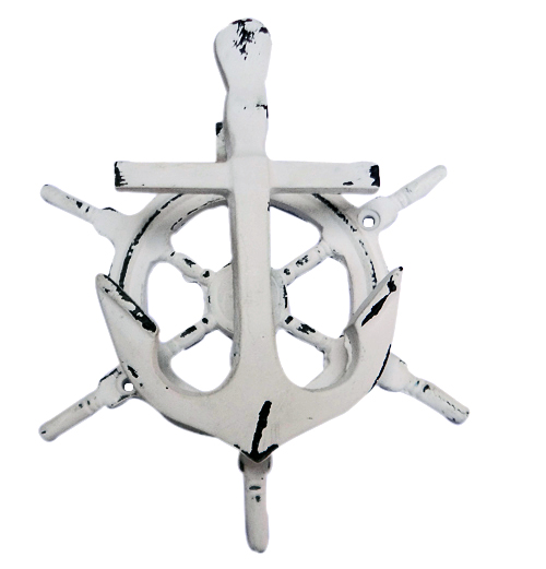 VE114DW Shipwheel And Anchor Door Knocker Cast Iron With Distressed White Finish - Image 1