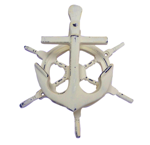 VE115DC Shipwheel And Anchor Door Knocker Cast Iron With Distressed Cream Finish - Image 1