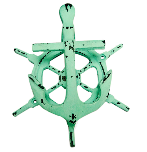 VE116DG Shipwheel And Anchor Door Knocker Cast Iron With Distressed Green Finish - Image 1