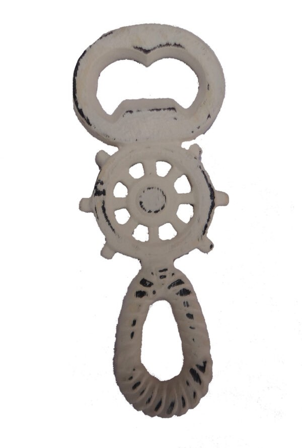Ship Wheel with Distressed Cream Finish Iron Handheld Bottle Opener