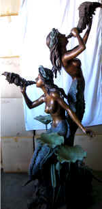 double-mermaid-blow-shell-figure-bronze-statue-cp064 Bronze Double mermaid blowing conch fountain 45" x 45" x 83" - Image 1