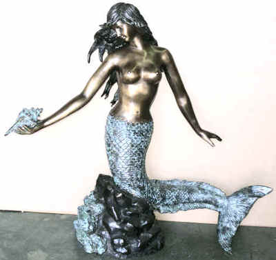 mermaid-shell-bronze-cp016 Mermaid holding shell sculpture or fountain 34"H x 38"W x 14"D - Image 1